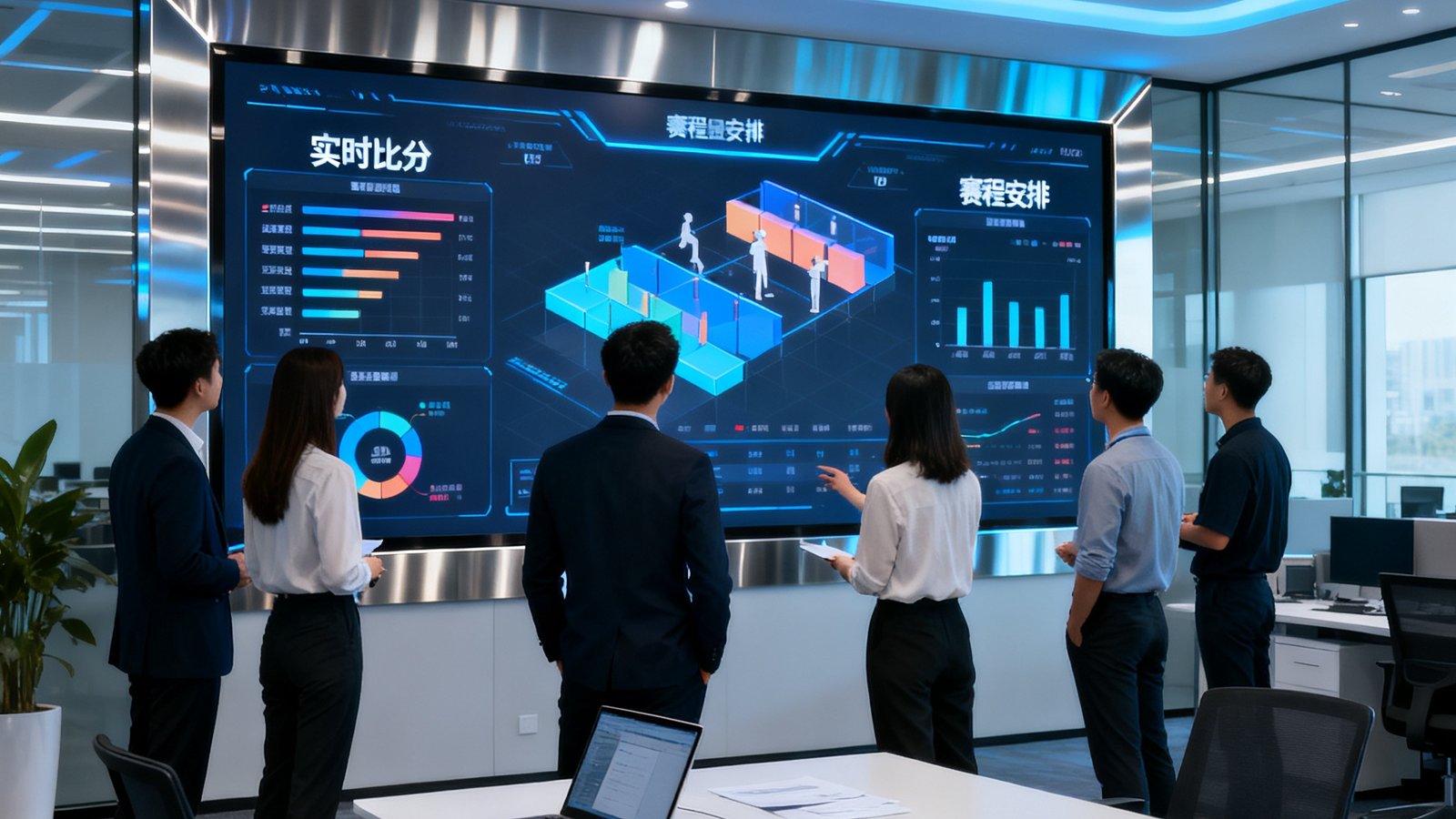 世界杯比分网开放式办公室，大屏显示实时数据与赛程，团队成员正在讨论分析模型