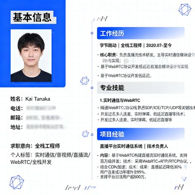 Kai Tanaka 全栈工程师，精通实时通信与WebRTC，负责直播流